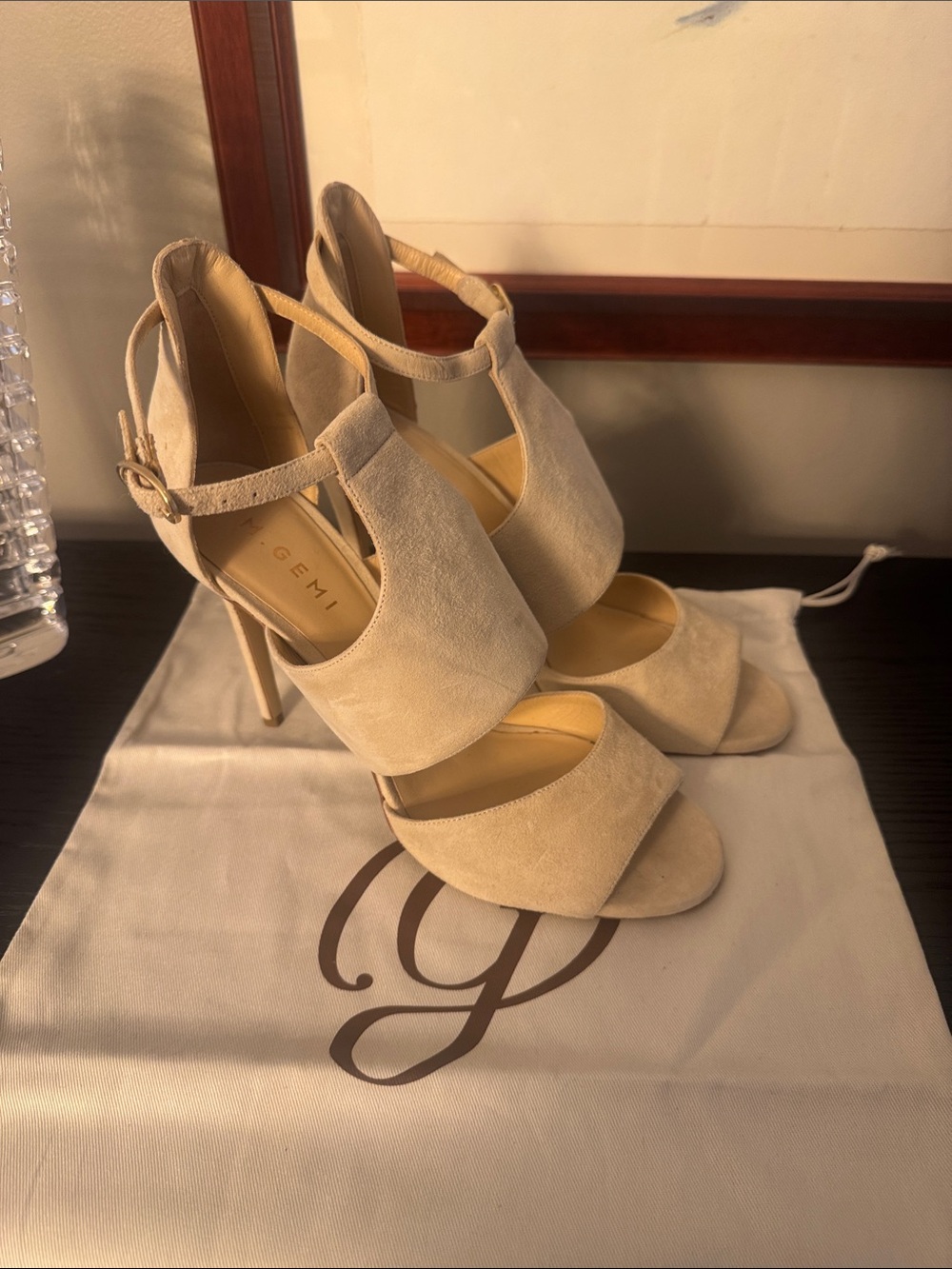 Gemi Neutral Suede Open-Toe T-Strap High Heels